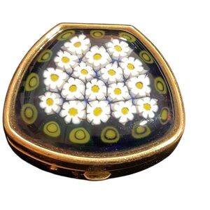 Vintage Gold Tone Pill Trinket Box with Floral Design